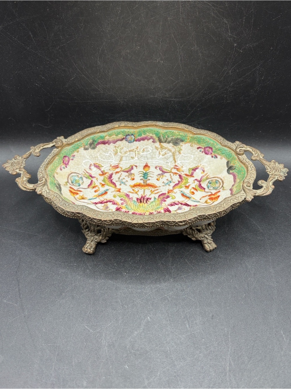 Vintage Hua Rong Tang Hand Painted Asian Porcelain Ormolu Bronze Claw Foot Dish
